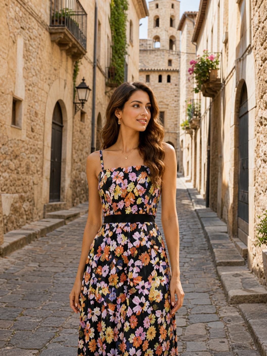 Abito Midi Floreale con Dettaglio Volant mediterraneo