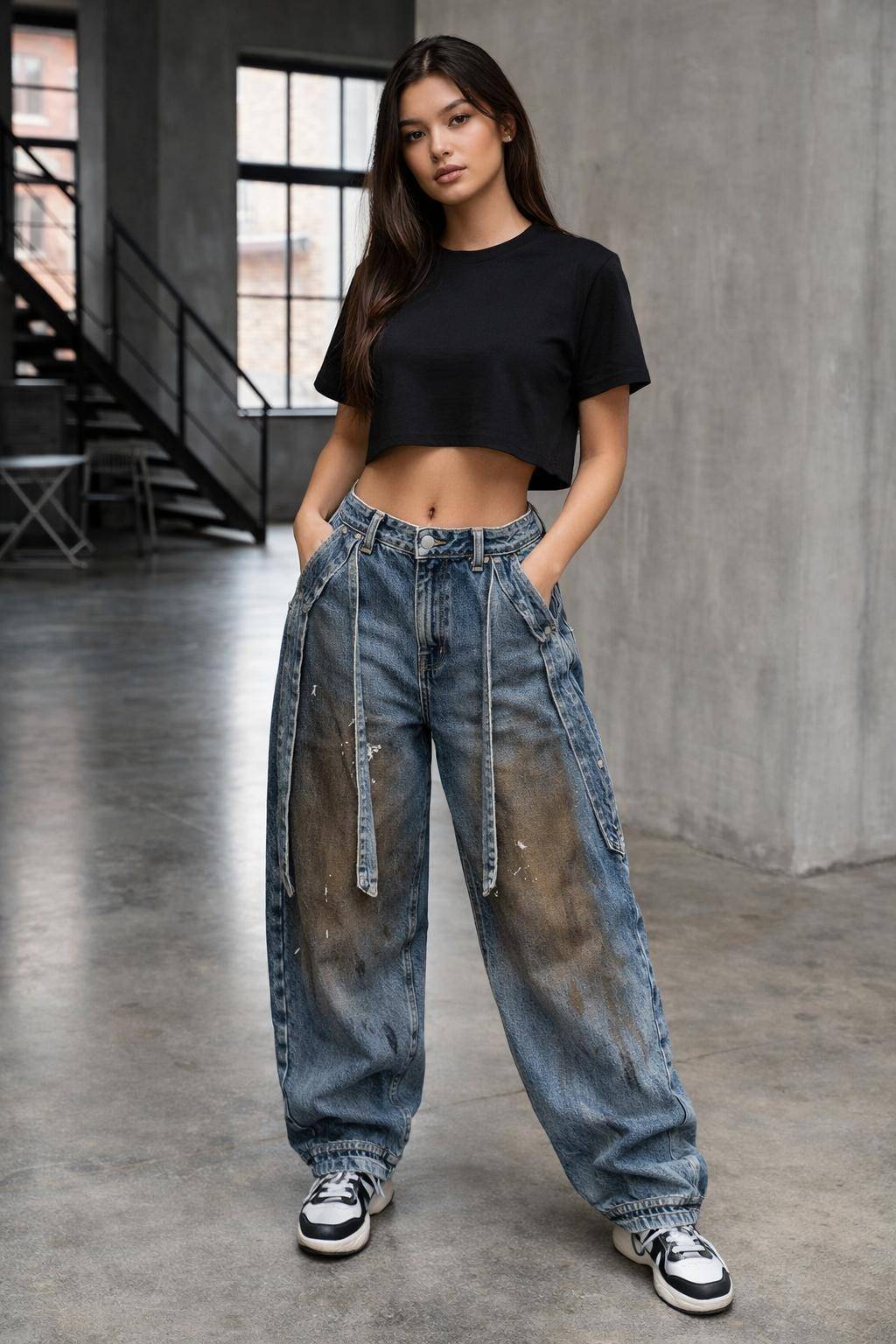 Jeans Utility Wide-Leg – Distressed & Mud Effect