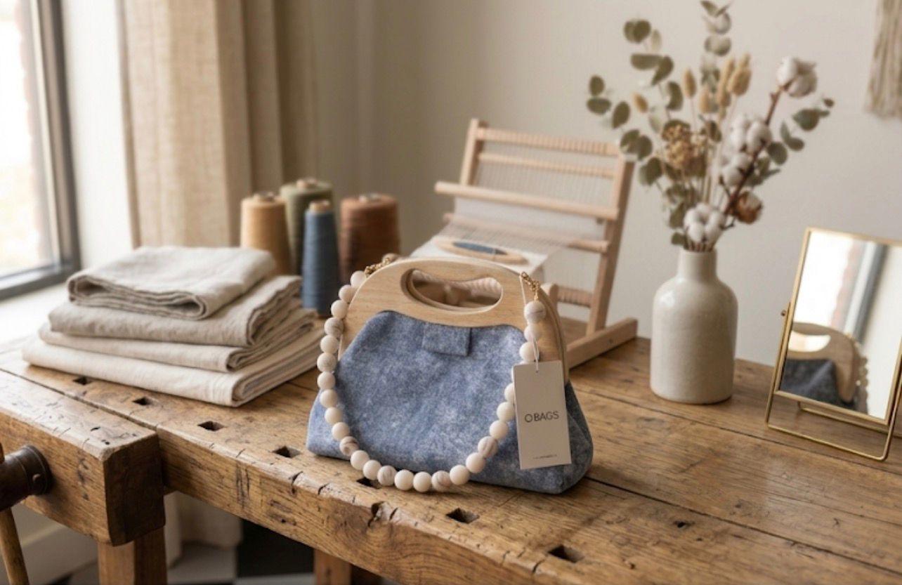 Borsa Clutch in Denim con Manico in Legno